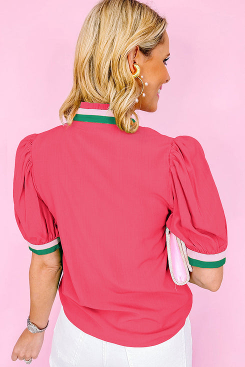 Southern Belle Colorful Trim V-Neck Puff Sleeve Blouse